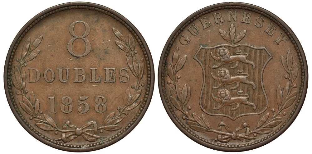 Гернси 8 даблов (дублей) 1858 KM 3 медь 650-634
