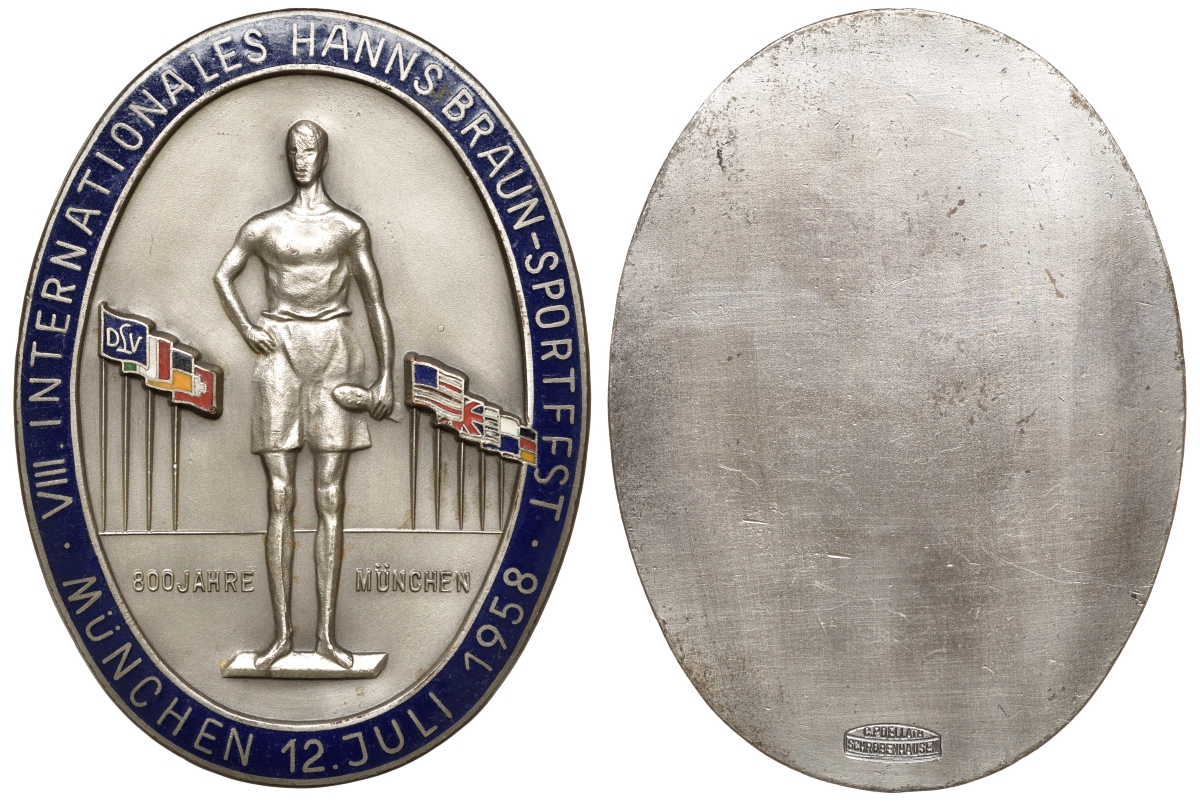 ФРГ медаль 1958 VIII международные спортивные игры на приз Ханнеса Брауна (трехкратный призер Олимпийских игр), 800 лет Мюнхену, флаги, цветная эмаль, размер 64 Х86 мм., вес 90,23 гр.  белый металл    8-1-07-13