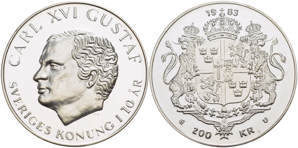 Швеция 200 крон 1983 Карл XVI Густав (1973- ), 10 лет правления, в оригинальной пластиковой упаковке KM 862 серебро BUNC 1072-6-13