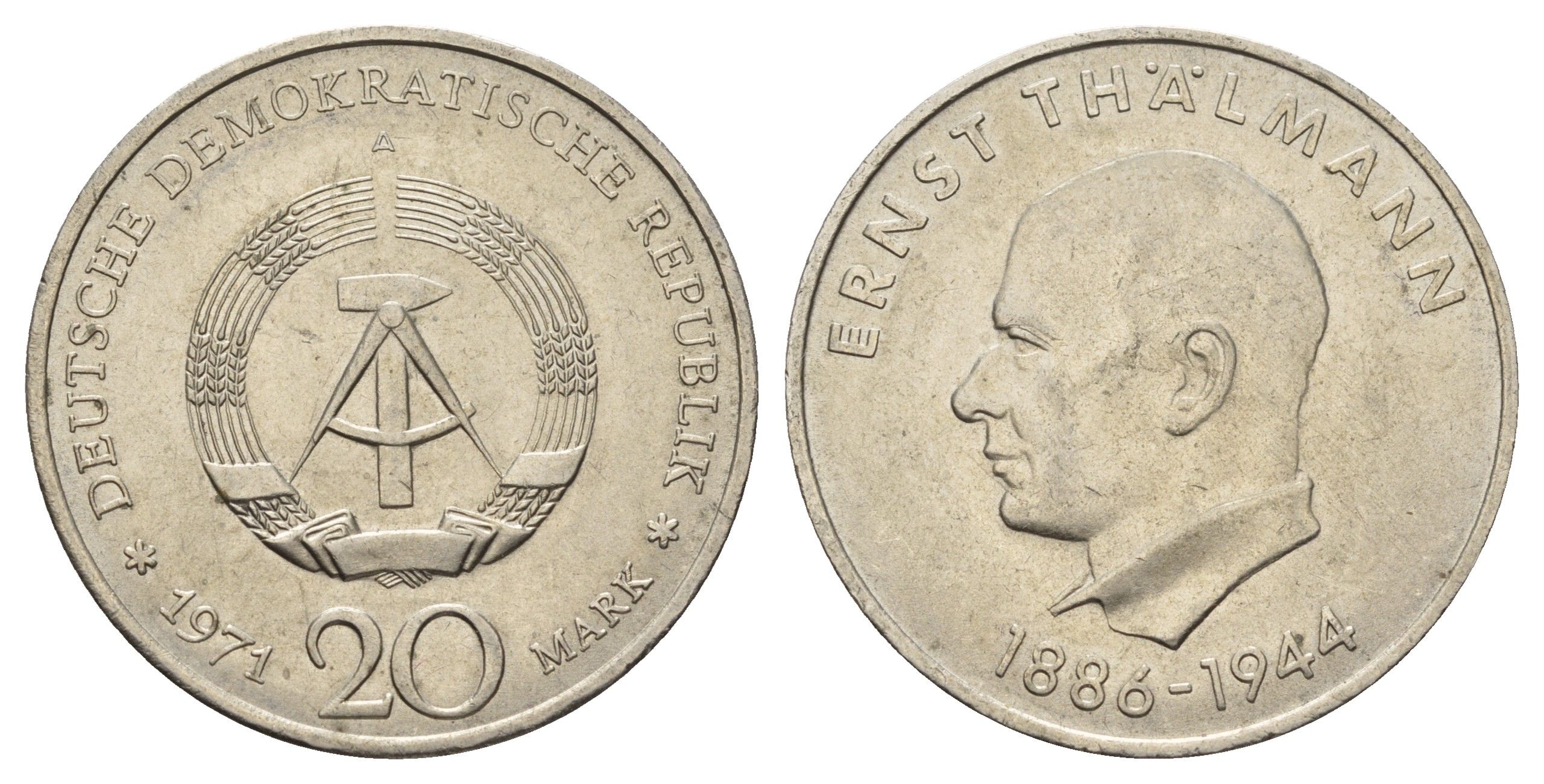 ГДР 20 марок 1971 A, 85 лет со дня рождения Эрнста Тельмана KM 34, J. 1535 медно-никель 4634-814