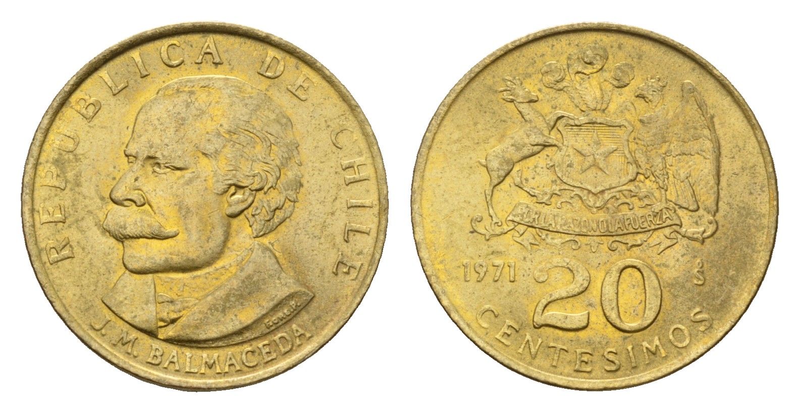 Чили 20 сентесимо 1971 KM 195 алюминиевая бронза UNC 4643-936