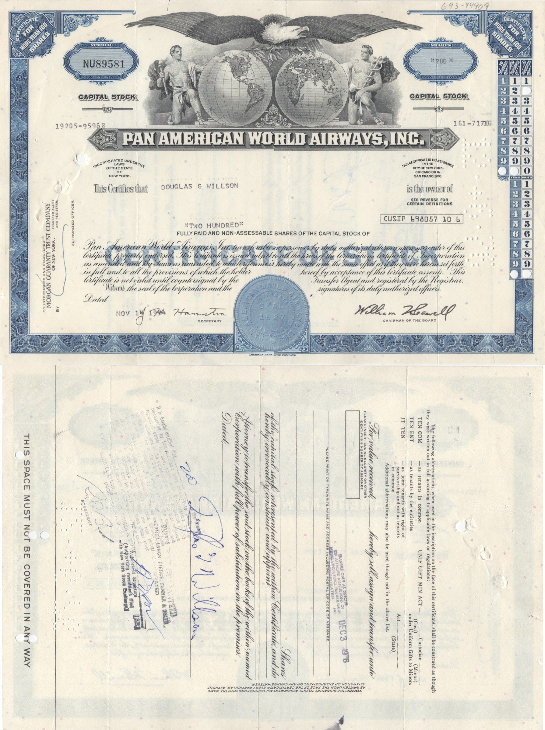 США, Pan American World Airwaysсертификат на 100 акций1974бумага5553-14-2