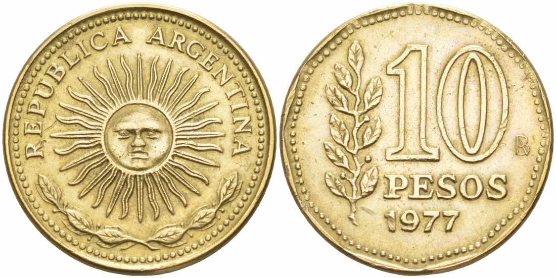 Аргентина 10 песо 1977 Ba, майское солнце KM 72 алюминиевая бронза 68-612