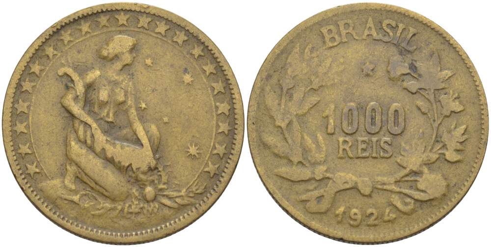 БРАЗИЛИЯ 1000 РЕЙС 1924 ФИГУРА С РОГОМ ИЗОБИЛИЯ ВПРАВО KM 525 алюминиевая бронза 4529-343