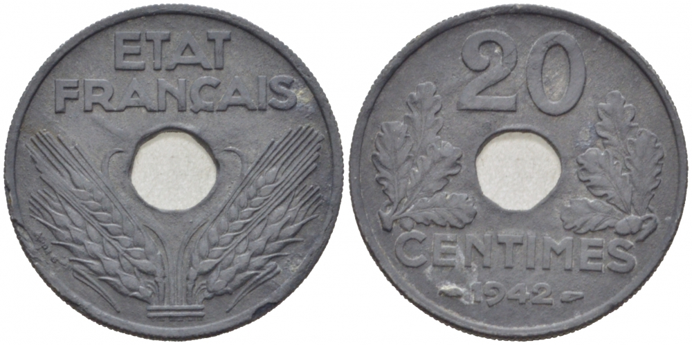 Франция 20 сантимов 1942 Правительство Виши KM 900.1 цинк 77-645
