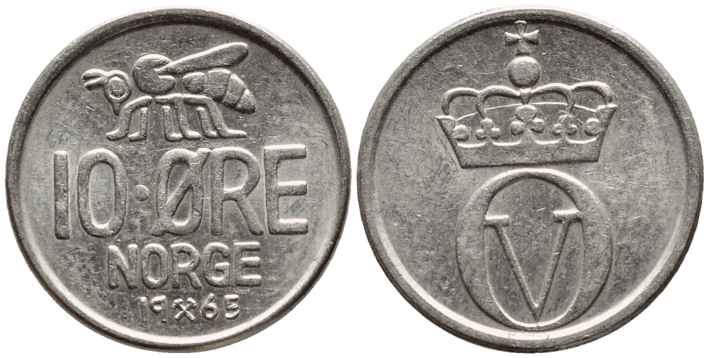 НОРВЕГИЯ 10 ЭРЕ 1965 ПЧЕЛА KM 411 медно-никель 4396-415