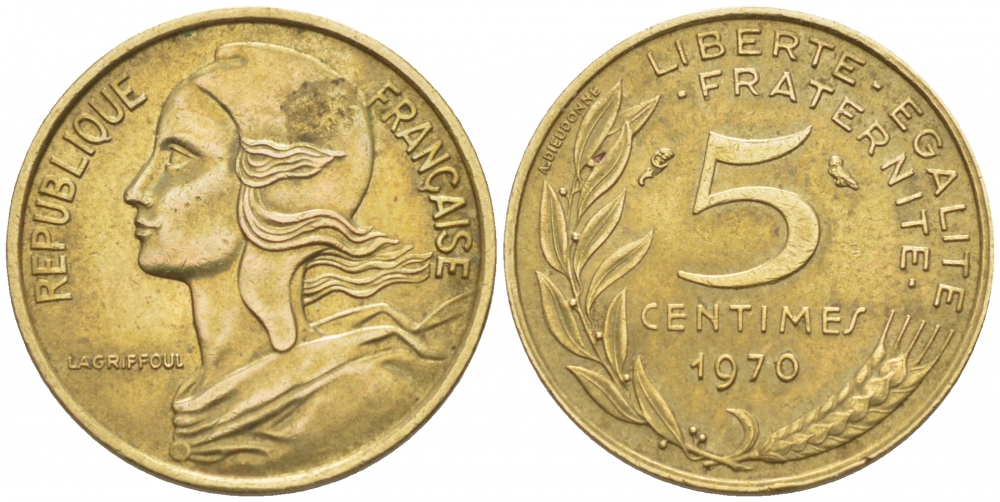 ФРАНЦИЯ 5 САНТИМОВ 1970 ТИП MARIANNE KM 933 медь алюминий никель 112-829
