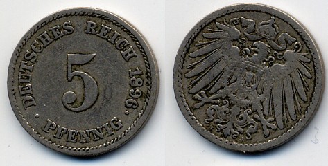 ГЕРМАНИЯ 5 ПФЕННИГОВ 1896 J, KM 11, J. 12 медно-никель 51-5263
