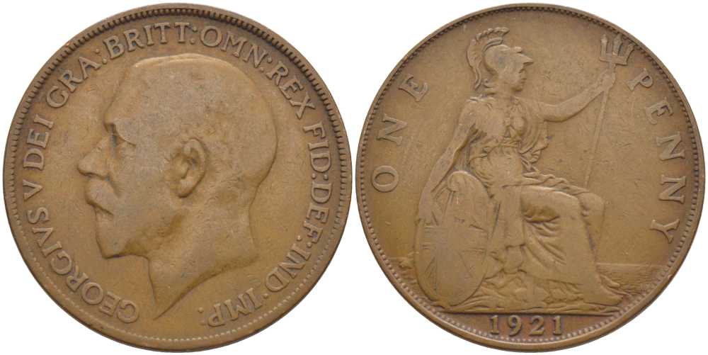 Великобритания 1 пенни 1921 Георг V (1910-1936) KM 810, Spink 4051 бронза 115-213