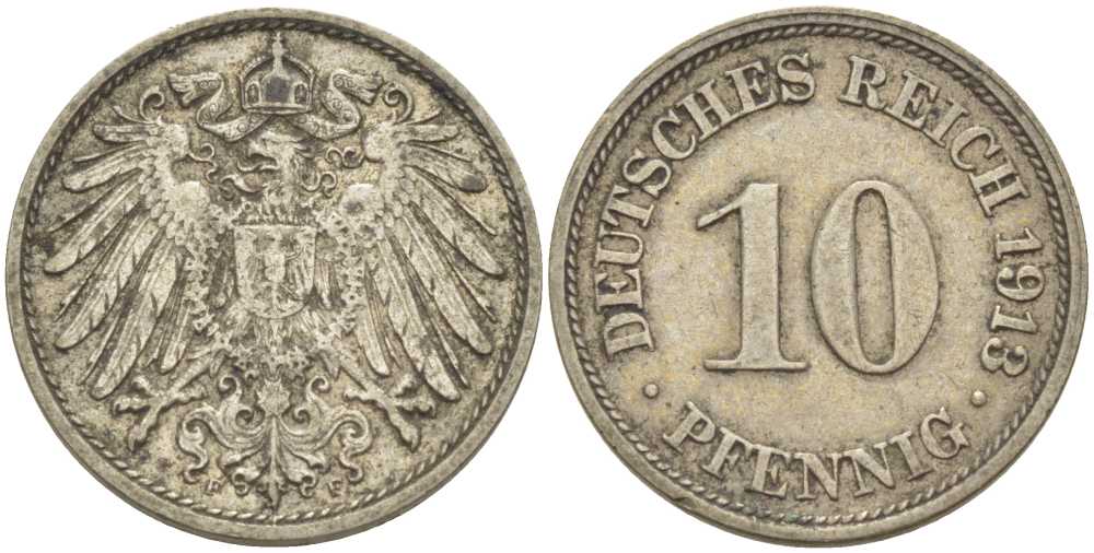 ГЕРМАНИЯ 10 ПФЕННИГОВ 1913 F KM 12, J. 13, Weege 8 медно-никель 212-227