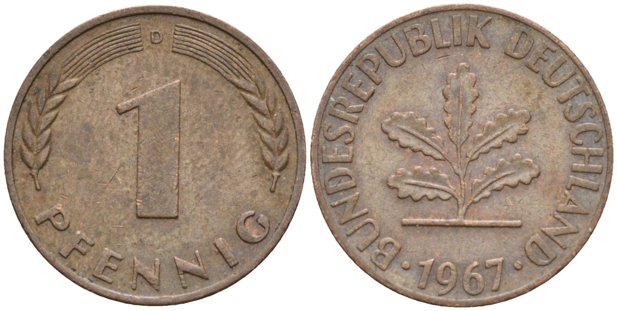 ФРГ 1 пфенниг 1967 D KM 105, J.380 сталь плакированная медью 4174-614