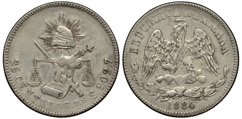 МЕКСИКА 25 СЕНТАВО 1884 ШТАТ САКАТЕКАС, ПРОБА 903, ВЕС 6,768 ГР. KM 406.9 серебро F 633-445