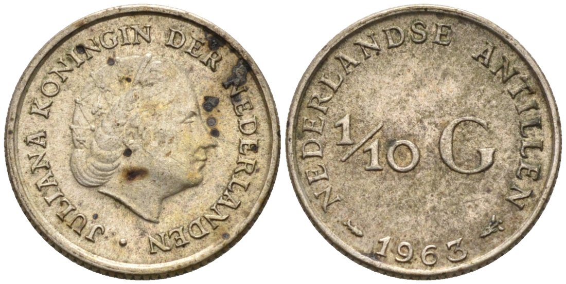 Нидерландские Антилы 1/10 гульдена 1963 Юлиана (1948-1980) KM 3 серебро 4564-515