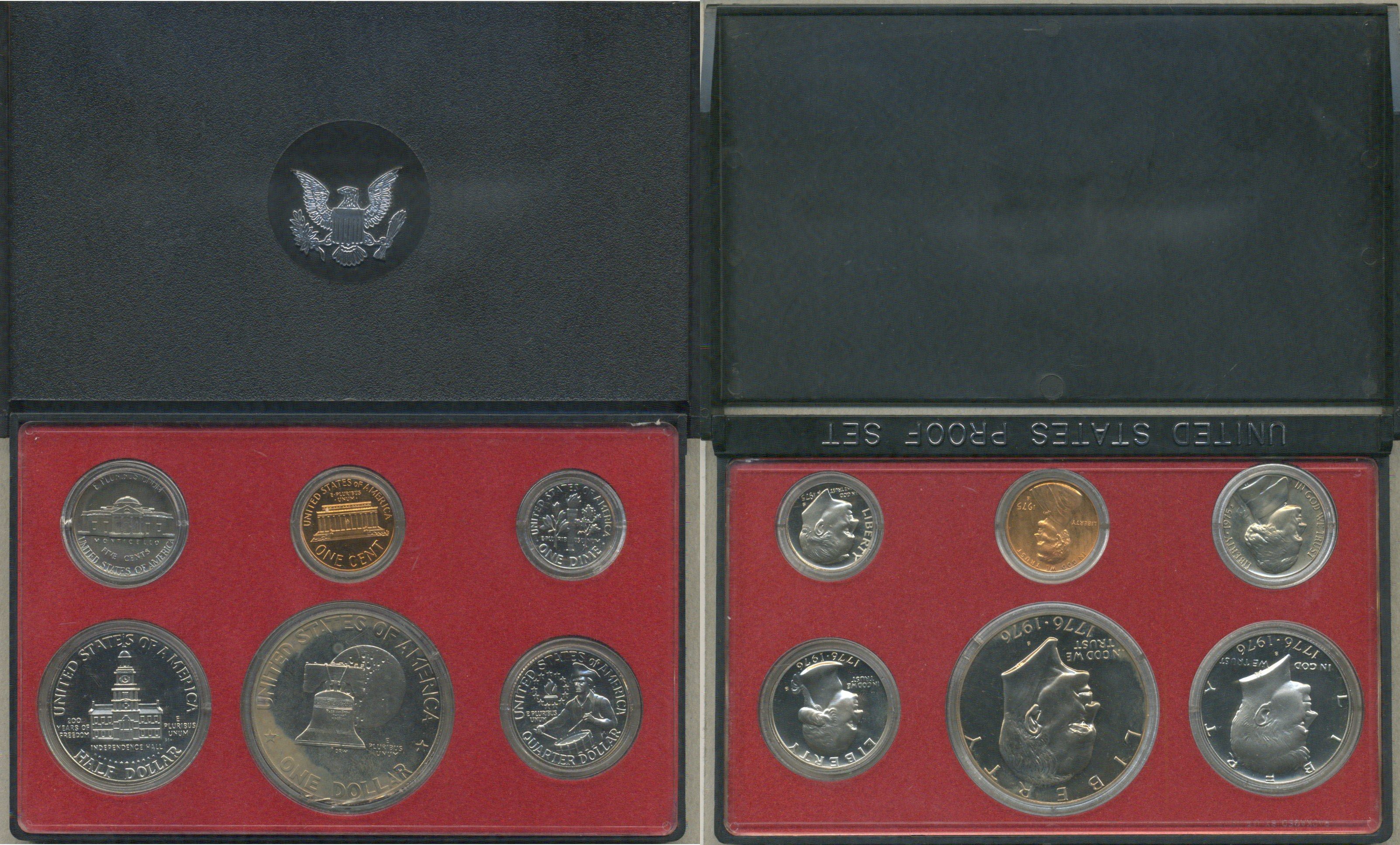 США набор из 6 монет (1, 5, 10 (дайм), 25 (квотер, 1/4 доллара) и 50 (1/2 доллара) центов; 1 доллар) 1976 в оригинальной упаковке, 200 лет независимости (1776-1976) KM PS140 (A192, 195a, 201, 204, 205 и 206) PROOF 8-2-06-81