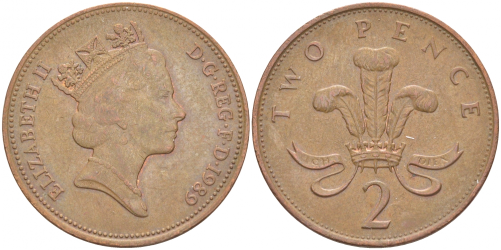 Великобритания 2 пенса 1989 Елизавета II (1952-2022) KM 936, Spink 4376 (C3) бронза 77-152