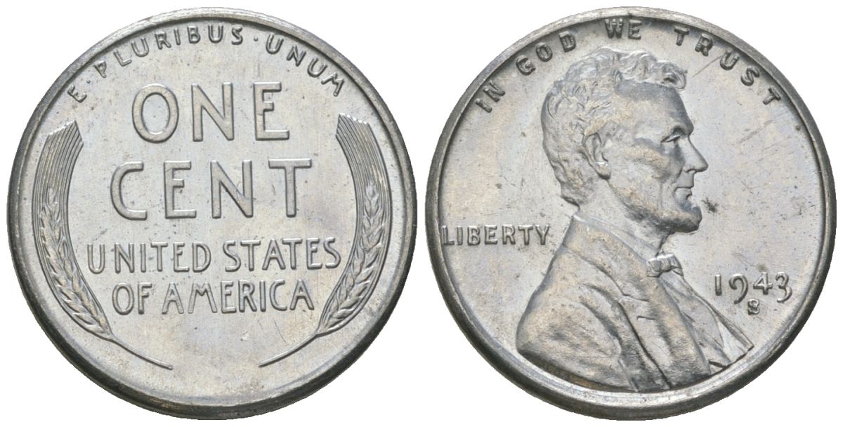 США 1 цент 1943 S (Сан-Франциско), Авраам Линкольн KM 132 a сталь покрытая цинком aUNC 112-333