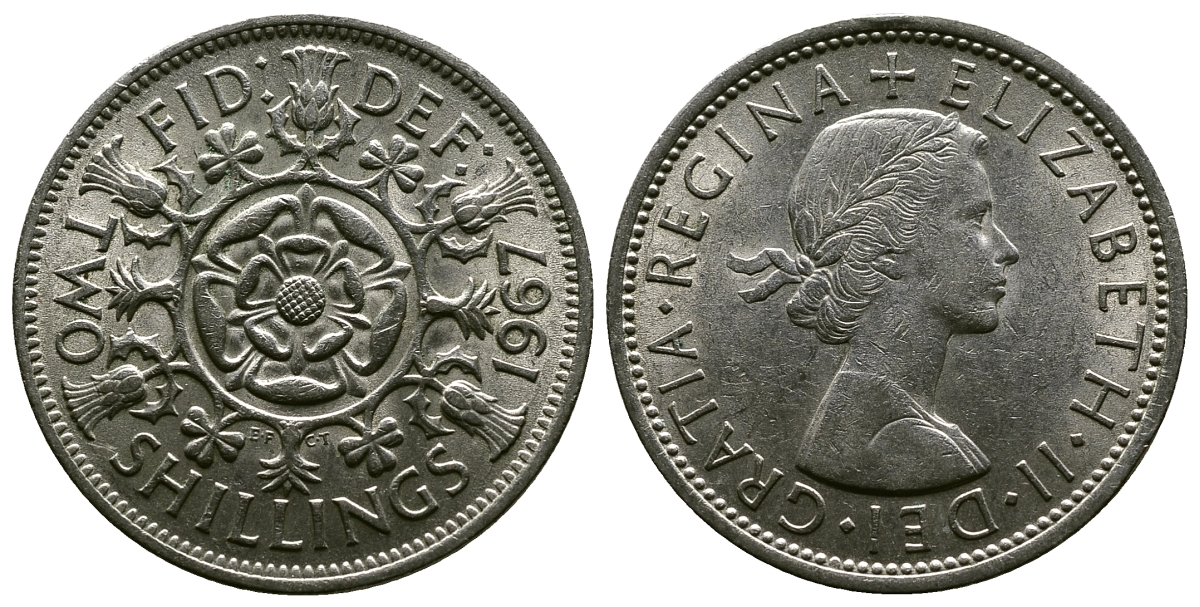 Великобритания 2 шиллинга (флорин) 1967 Елизавета II (1952-2022) KM 906, Spink 4146 медно-никель 4382-744