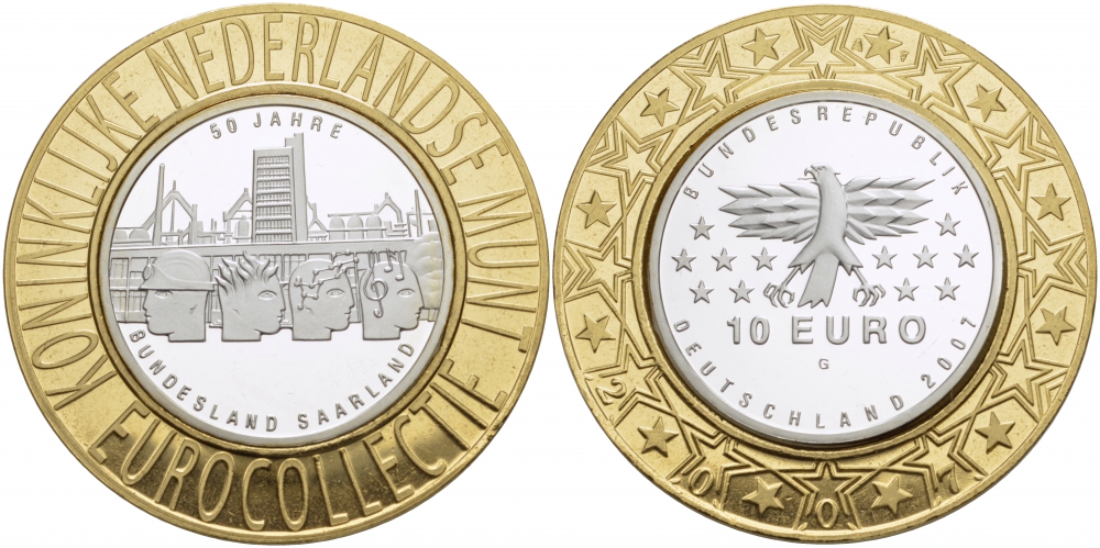 ФРГ 10 евро 2007 G, 50 лет вхождения Саара в ФРГ KM 263, DE.S. 10.29 серебро PROOF 1068-8-42
