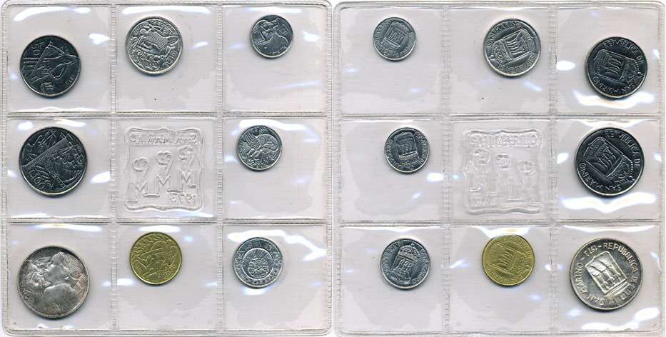 Сан-Марино годовой набор из 8 монет 1973 1, 2, 5, 10, 20, 50, 100 и 500 лир ребёнок держит голубя KM 22-29, в оригинальной пластиковой запайке серебро KM MS2 серебро UNC 5-4-3-38