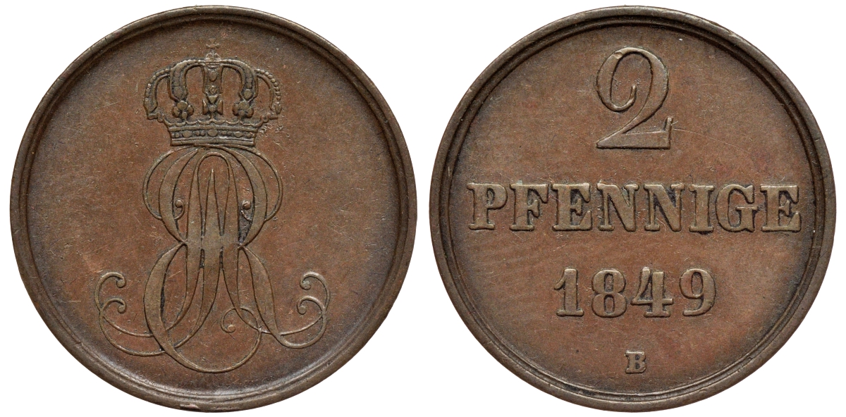 Ганновер 2 пфеннига 1849 B, Эрнст Август (1837-1851) KM 202.1, AKS 124, J. 75 медь 75-1927