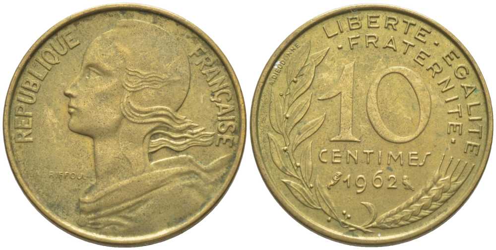 ФРАНЦИЯ 10 САНТИМОВ 1962 ТИП MARIANNE KM 929, LE FRANC 144.2 медь алюминий никель 116-414