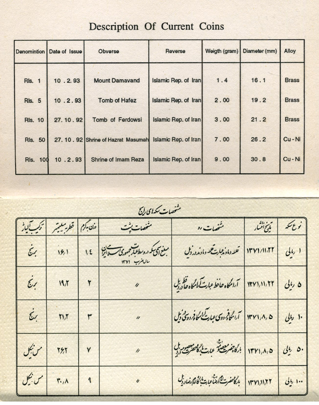 Иран набор из 5 монет 1992-1993 официальный набор, в оригинальном картонном буклете, с сертификатом KM 1263, 1258, 1259, 1260, 1261.2 UNC 1-6-2-05