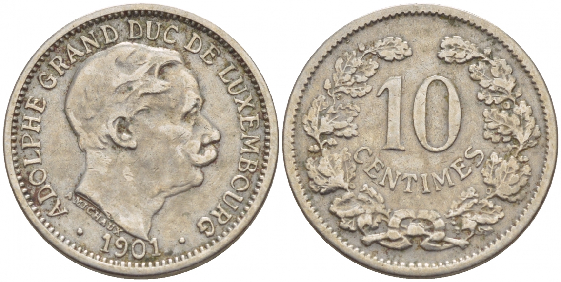 ЛЮКСЕМБУРГ 10 САНТИМОВ 1901 АДОЛЬФ (1890-1905) KM 25 медно-никель 4548-813