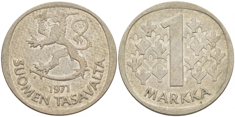ФИНЛЯНДИЯ 1 МАРКА 1971 S KM 49а медно-никель 3718-755