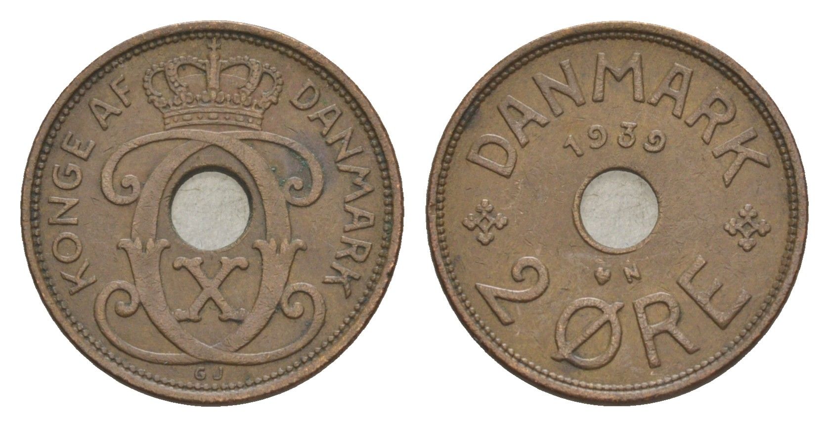 Дания 2 эре 1939 N, Кристиан X (1912-1947) KM 827 бронза 4639-765