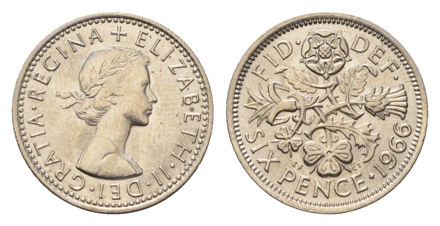 Великобритания 6 пенсов 1966 Елизавета II (1952-2022) KM 903, Spink 4149 медно-никель UNC 4696-833