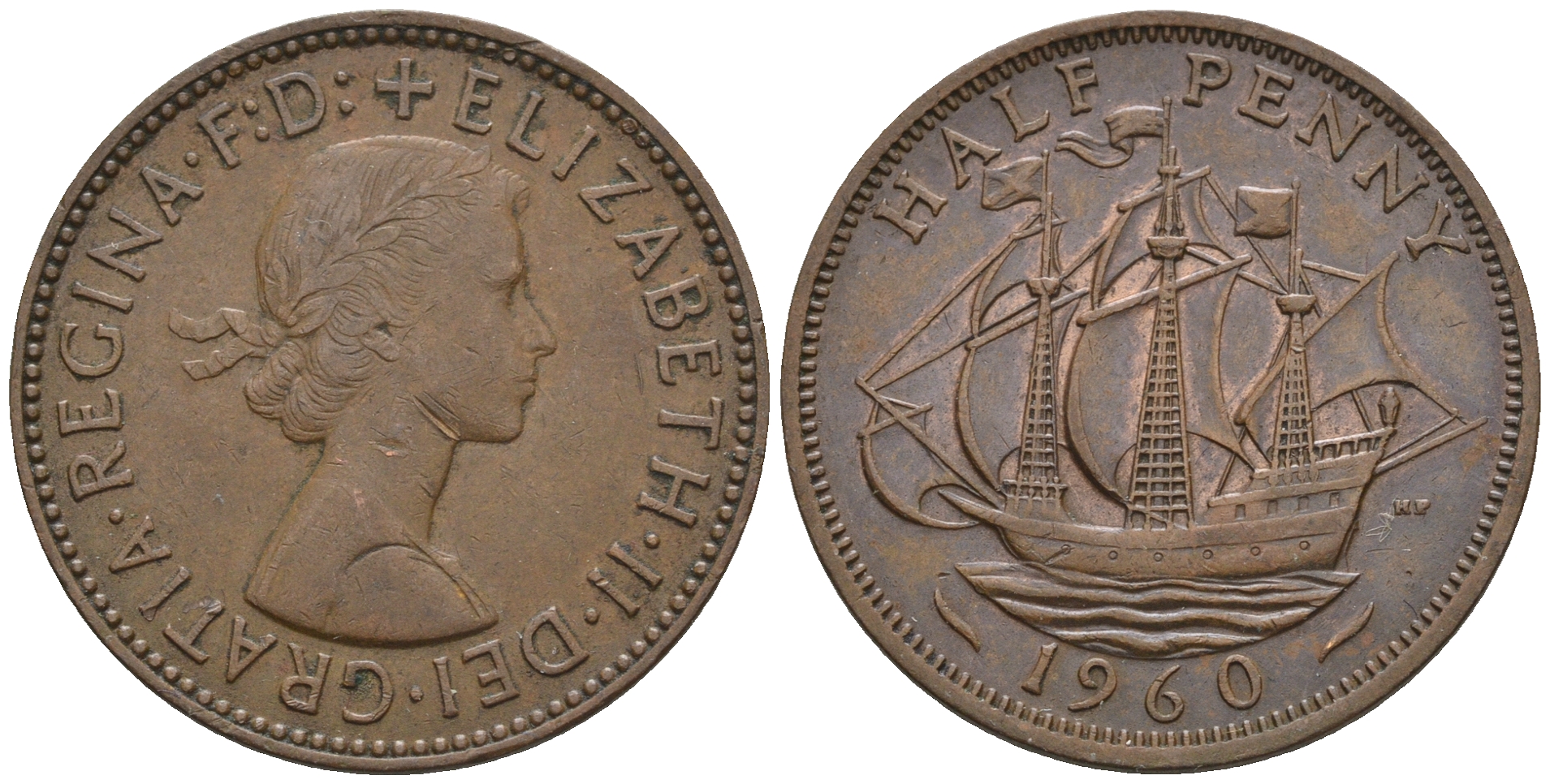 Великобритания 1/2 пенни 1960 Елизавета II (1952-2022) KM 896, Spink 4158 бронза 4610-711