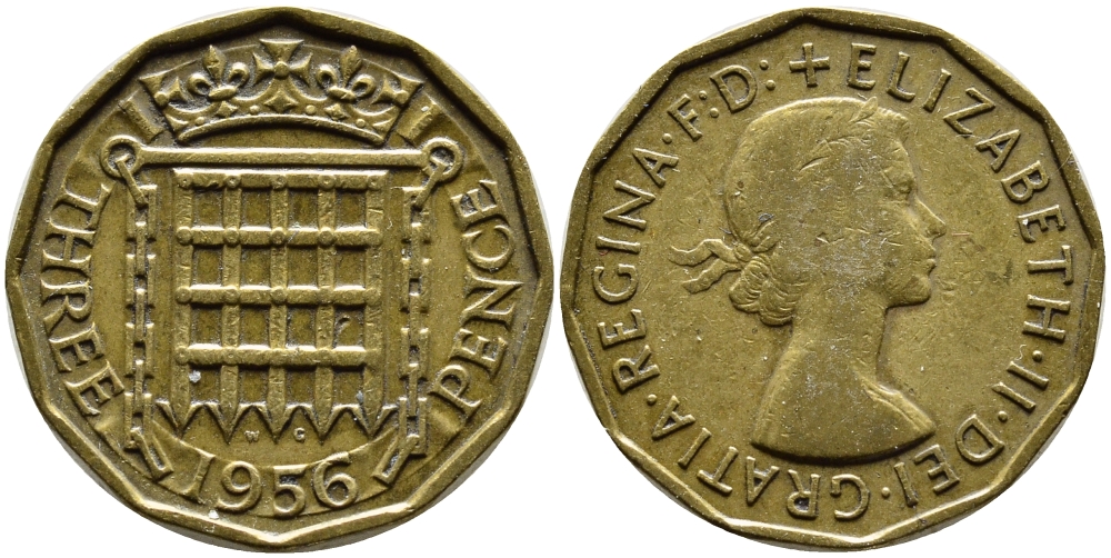 Великобритания 3 пенса 1956 Елизавета II (1952-2022) KM 900, Spink 4153 никель латунь 4390-214