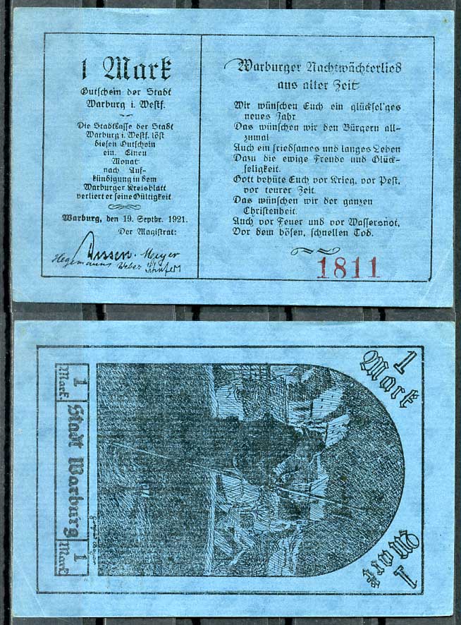 Германия, Варбург 1 марка 1921 нотгельд, 19.9.1921 Grabowski 1376.1.a бумага UNC (пресс) 444-52-3-1