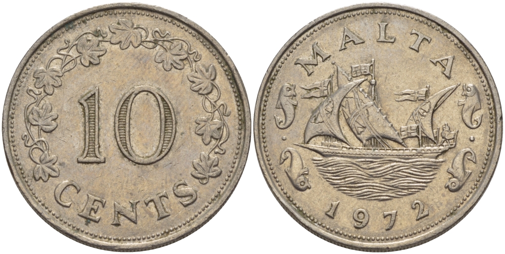 Мальта 10 центов 1972 баржа Великого магистра KM 11 медно-никель 82-443