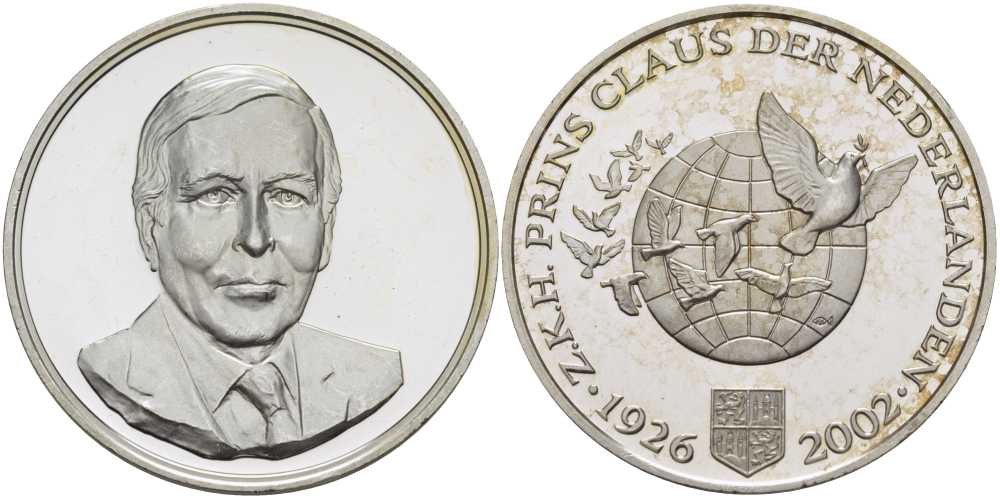 НИДЕРЛАНДЫ МЕДАЛЬ 2002 ПРИНЦ НИДЕРЛАНДОВ КЛАУС (1926-2002), ДИАМЕТР 38,6 ММ., ВЕС 31,35 ГР. серебро PROOF 1076-9-21