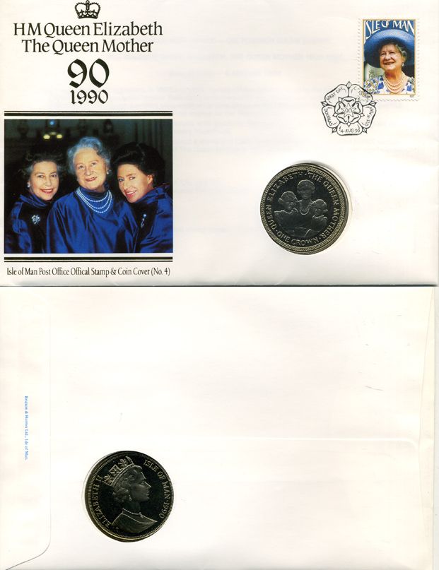 Остров Мэн 1 крона 1990 90 лет королеве-матери, в оригинальном конверте с маркой KM 307 медно-никель UNC 966-11