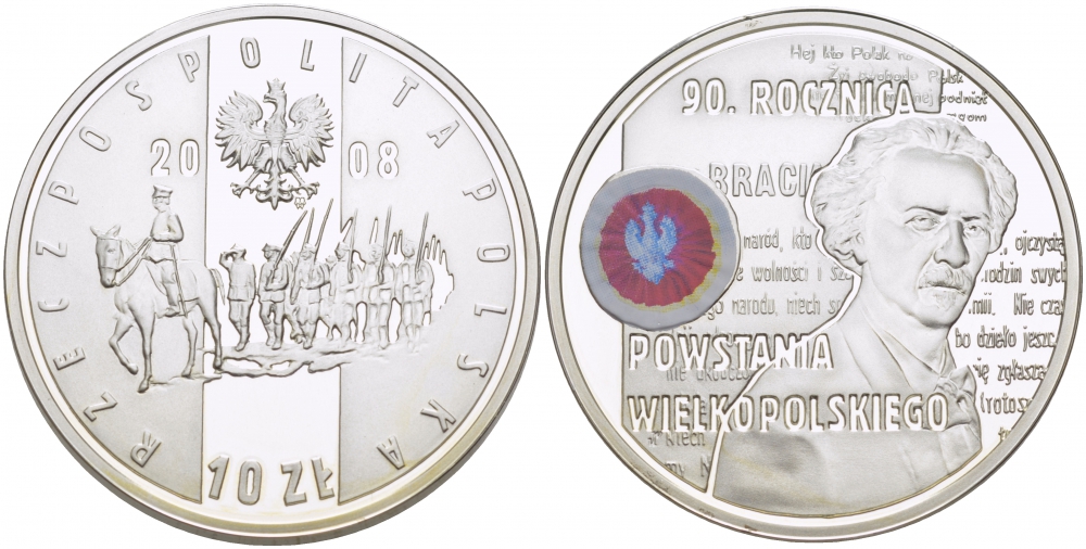 Польша 10 злотых 2008 MW, 90 лет Великопольского восстания, Игнаций Ян Падеревский, цветная эмаль KM 661 серебро PROOF 1084-7-32
