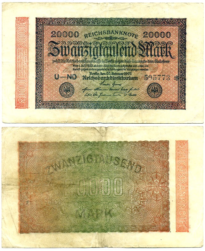 ГЕРМАНИЯ 20000 МАРОК 1923 20 ФЕВРАЛЯ 1923, ВОДЯНОЙ ЗНАК L Pick 85a бумага 7116-11-2