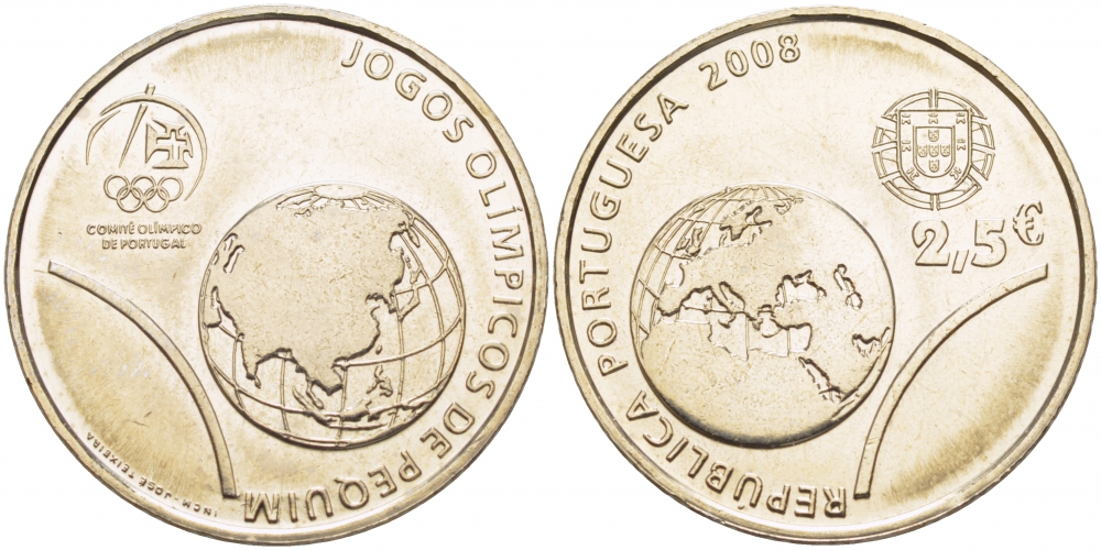 Португалия 2 1/2 евро 2008 XXIX Летние Олимпийские игры 2008 года в Пекине, земной шар KM 790 медно-никель UNC 4512-644