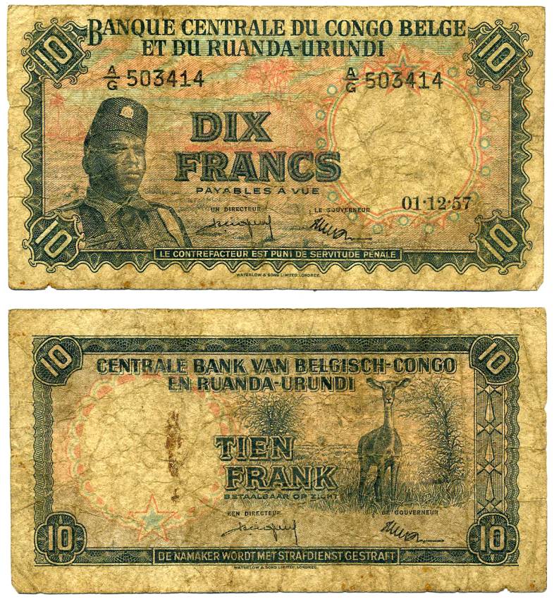 Бельгийское Конго 10 франков 1957 1 декабря 1957, Солдат "Общественных сил" (Аскари), антилопа Pick 30 b бумага 2119-5-2-1