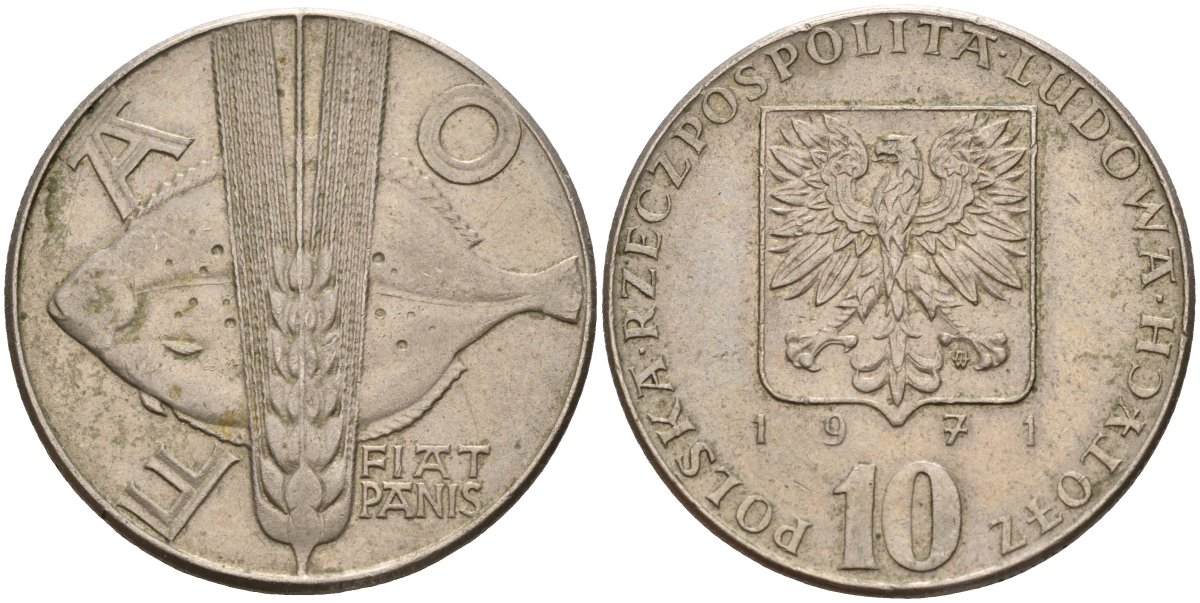 Польша 10 злотых 1971 FAO, рыбы Y 63 медно-никель 4150-1032