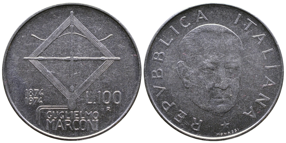 ИТАЛИЯ 100 ЛИР 1974 R, 100 ЛЕТ МАРКОНИ KM 102 нержавеющая сталь 3333-843