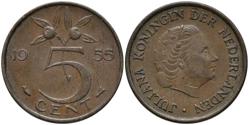 НИДЕРЛАНДЫ 5 ЦЕНТОВ 1955 ЮЛИАНА KM 181 бронза 113-654