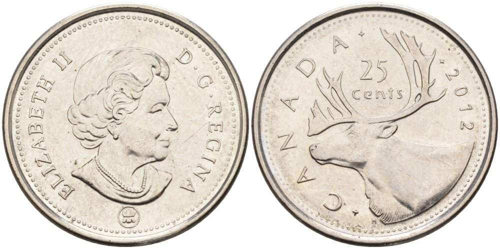 Канада 25 центов 2012 олень, Елизавета II (1952-) KM 493 никелированная сталь 4579-1114