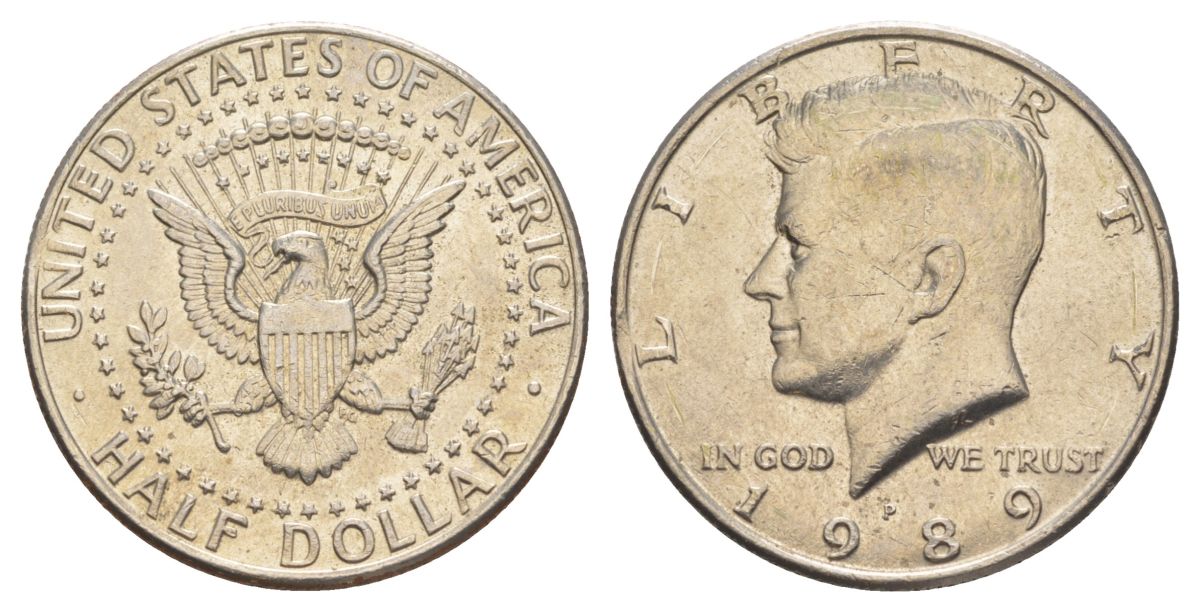 США 1/2 доллара (50 центов) 1989 P, Джон Кеннеди KM A202b медь плакированная медно-никелем aUNC 4517-613