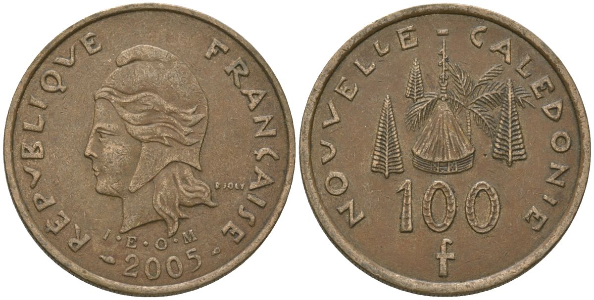 Французская Новая Каледония 100 франков 2005 хижина среди сосен и пальм, (IEOM) KM 15, Schoen 16, Lec 139i никель бронза 111-436