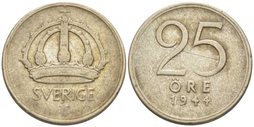 Швеция 25 эре 1944 G, Густав V (1907-1950) KM 816 серебро 116-1133