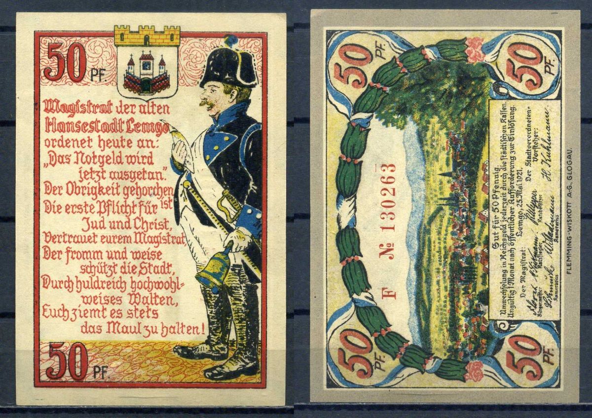 Лемго (Липпе, Германия) 50 пфеннигов 1921 бумага aUNC 7556-5-1-2