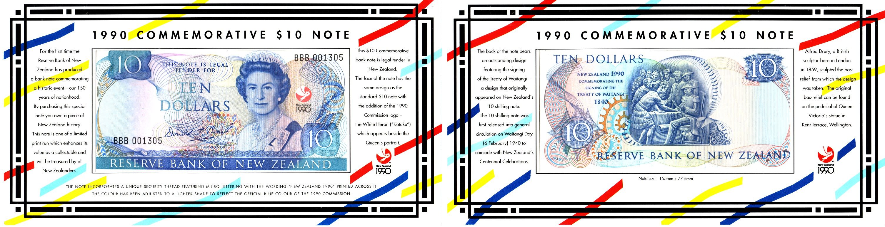 Новая Зеландия 10 долларов 1990 банкнота в оригинальном конверте и информационном холдаре - 150-летие - Мирный договор Вайтанги (1840-1990), префикс ВВВ Pick 176 бумага UNC (пресс) 451-1256-1