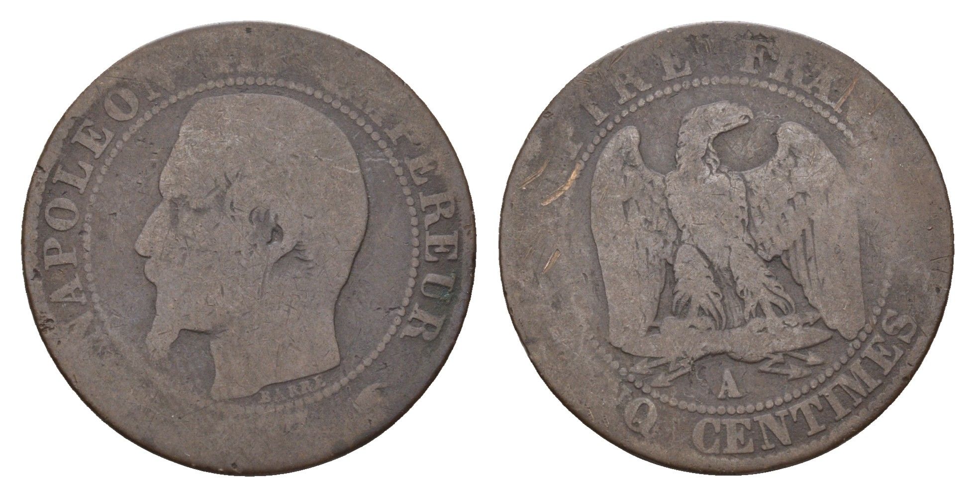 Франция 5 сантимов 1853 A, Наполеон III (1852-1870) KM 777.1 бронза 36-323